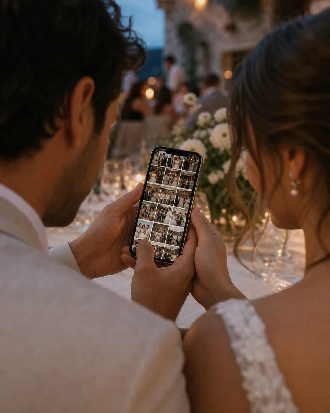 Düğün sonunda misafirlerin yüklediği fotoğraflarla dolu telefon albümüne birlikte bakan gelin ve damat