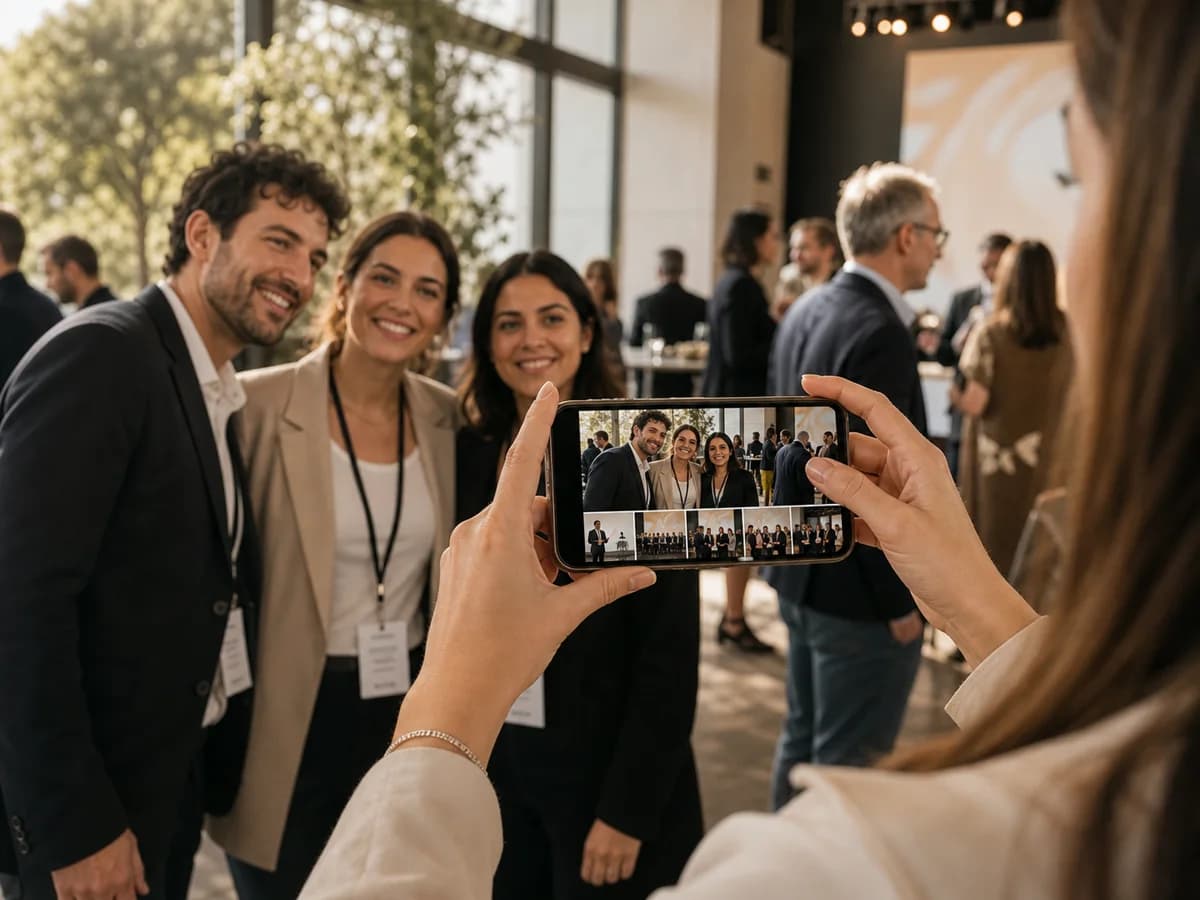 Konferansta ekip fotoğraflarını ortak etkinlik albümünde toplayan katılımcı