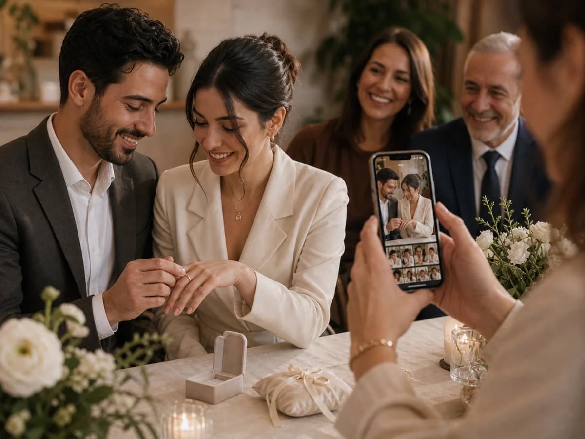 Nişan yüzüğü takılırken dolu fotoğraf albümüyle anı kaydeden bir aile üyesi