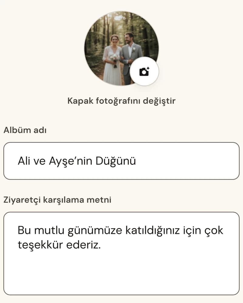 OrtakAlan albüm oluşturma ekranı: kapak fotoğrafı, albüm adı ve ziyaretçi karşılama metni alanları doldurulmuş