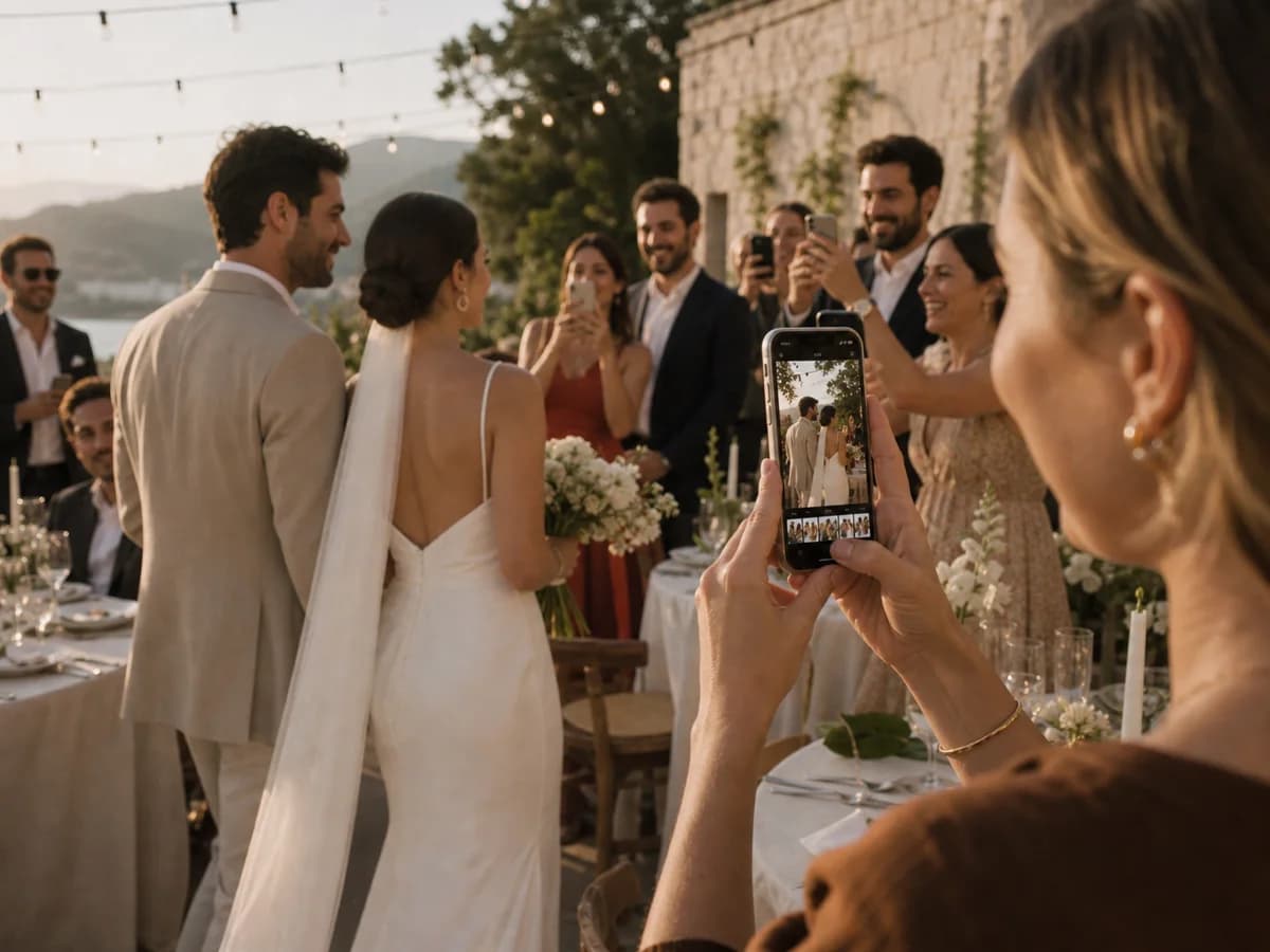 Düğün fotoğraf paylaşım uygulamalarını araştıran çift ve misafirlerin dolu ortak albümü