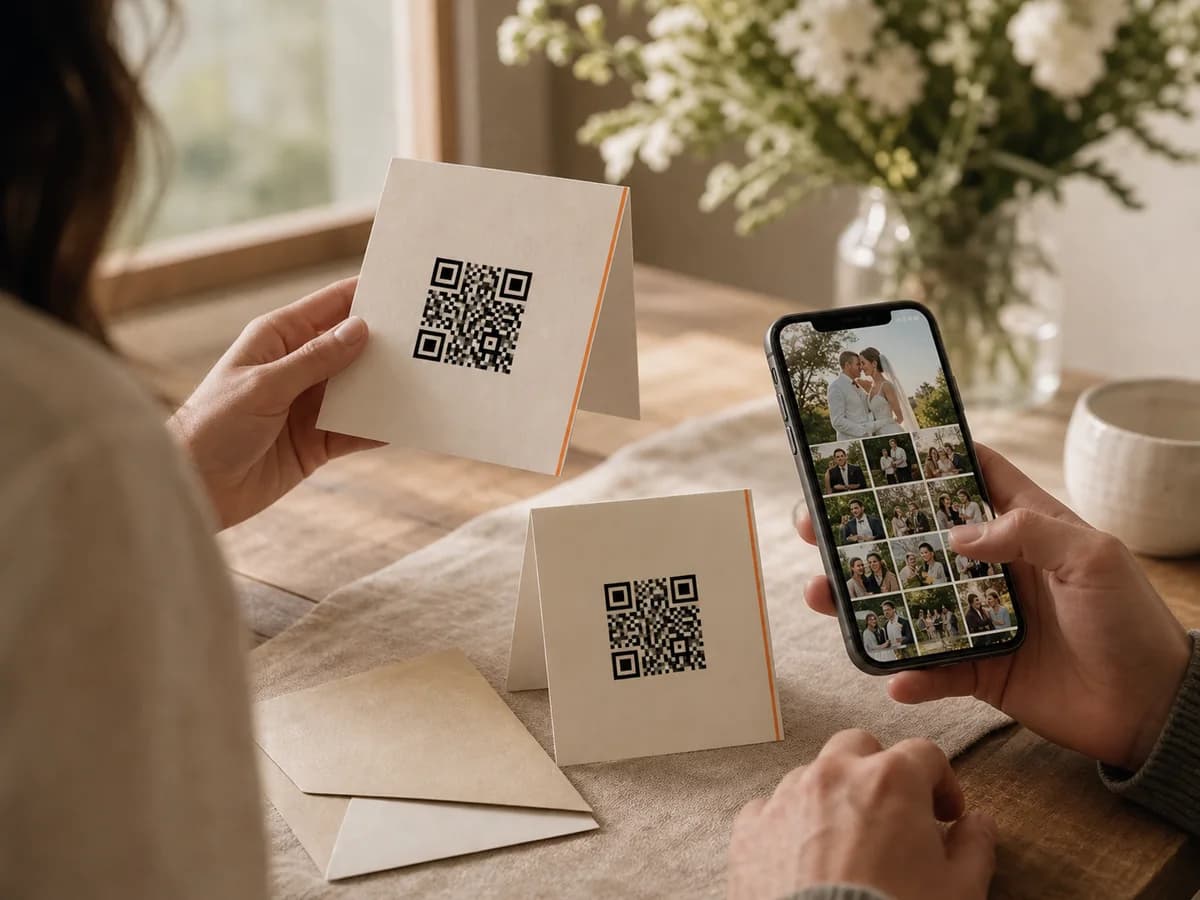 Düğün masasında QR kodlu kart ve ekranda misafirlerin yüklediği fotoğraflarla dolu ortak albüm