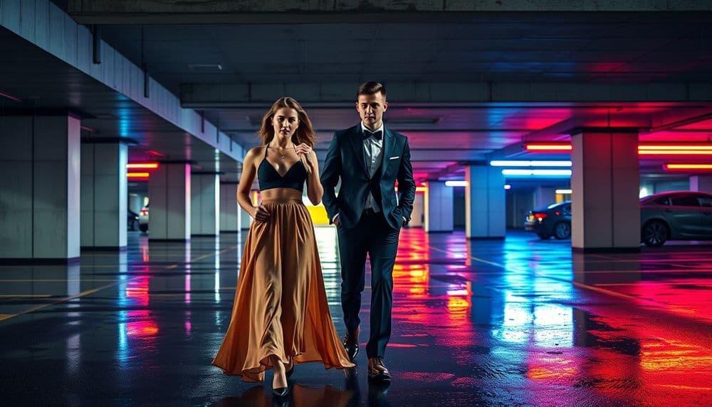 Yağmur Sonrası Neon Yansımalarıyla Şehir Otoparkında Sıra Dışı Düğün Fotoğrafları