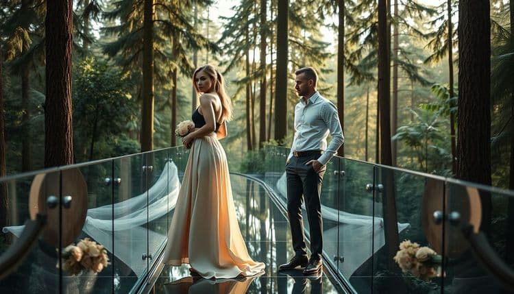 Cam Zeminli Orman Yürüyüş Yollarında Düğün Fotoğrafları: Doğanın Üzerinde Asılı Kalan Romantik Anlar